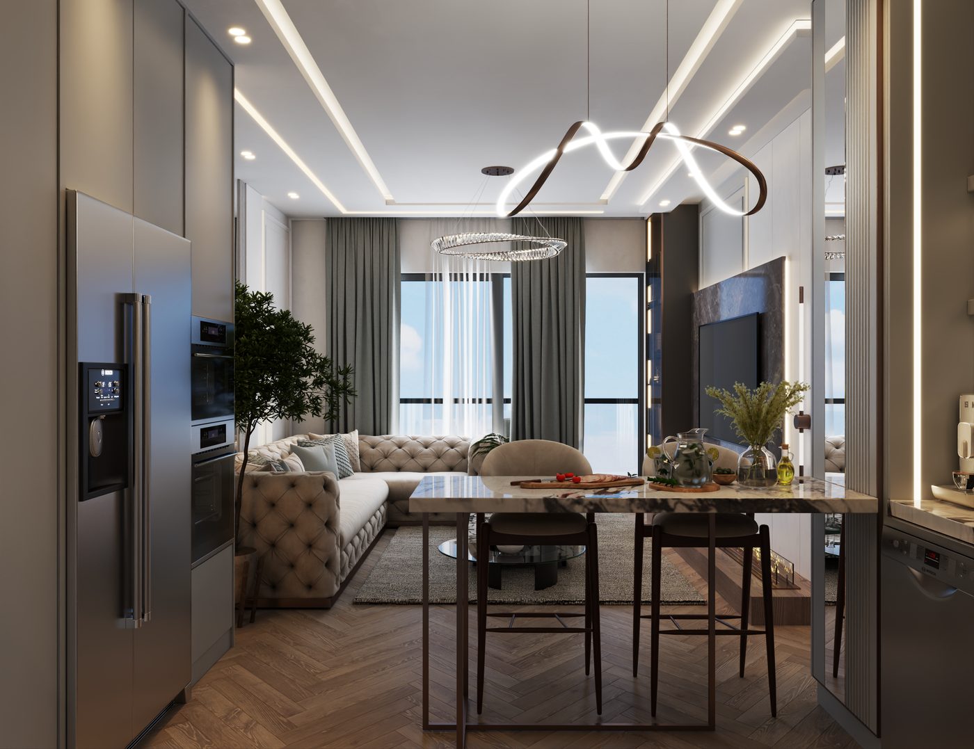 Salon-mutfak iç render