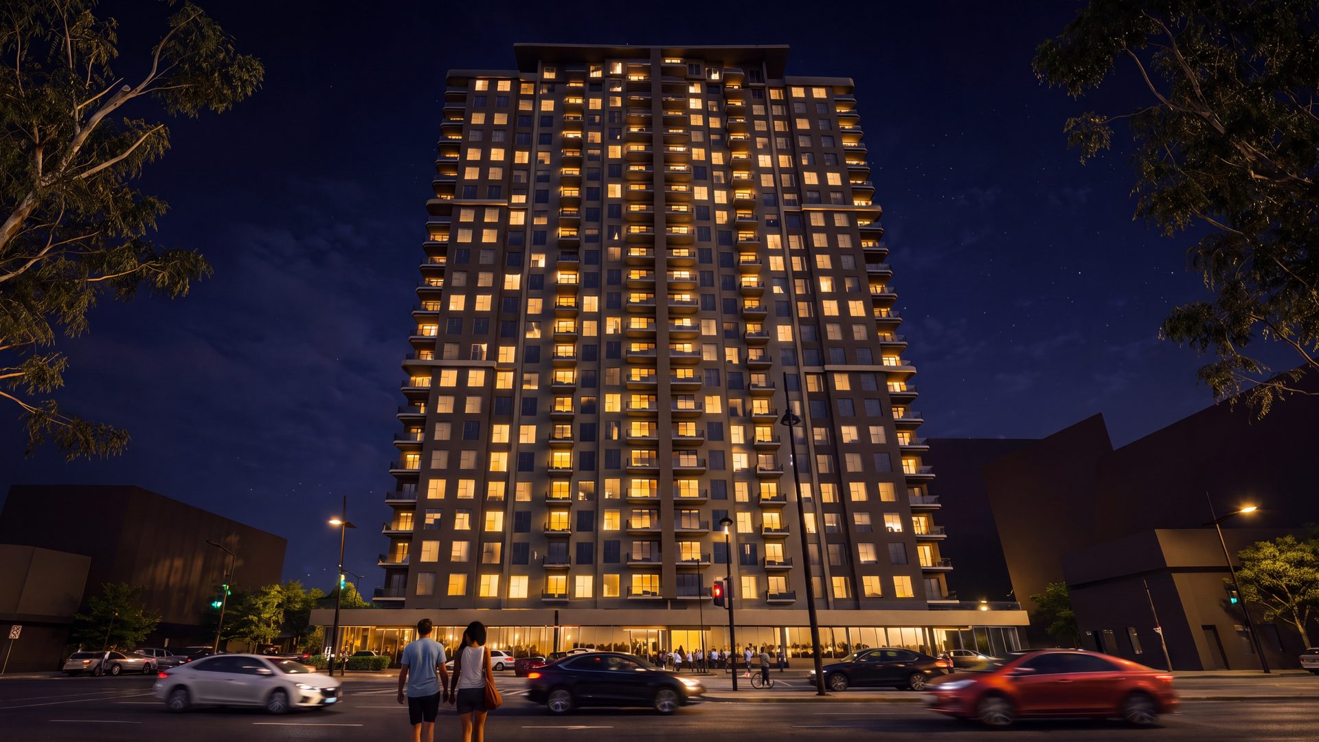Deloca Modern kulesi gece, pencereleri yanarken